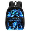 Black backpack featuring a glowing blue video game controller design and flames on the front pocket