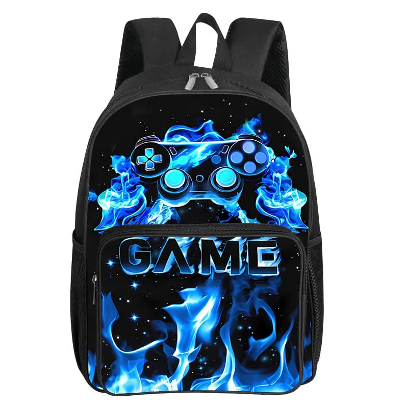 Black backpack featuring a glowing blue video game controller design and flames on the front pocket