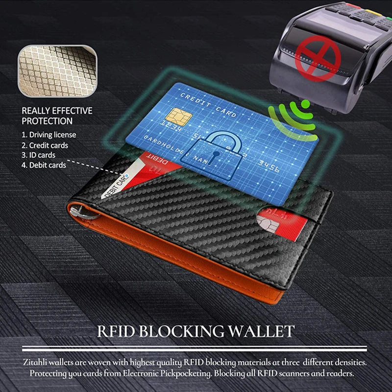 Portefeuille noir en fibre de carbone à deux volets avec carte et pièce d'identité, à côté d'un dispositif anti-RFID.