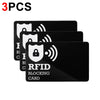 Three black RFID blocking cards with security shield and radio wave icons.