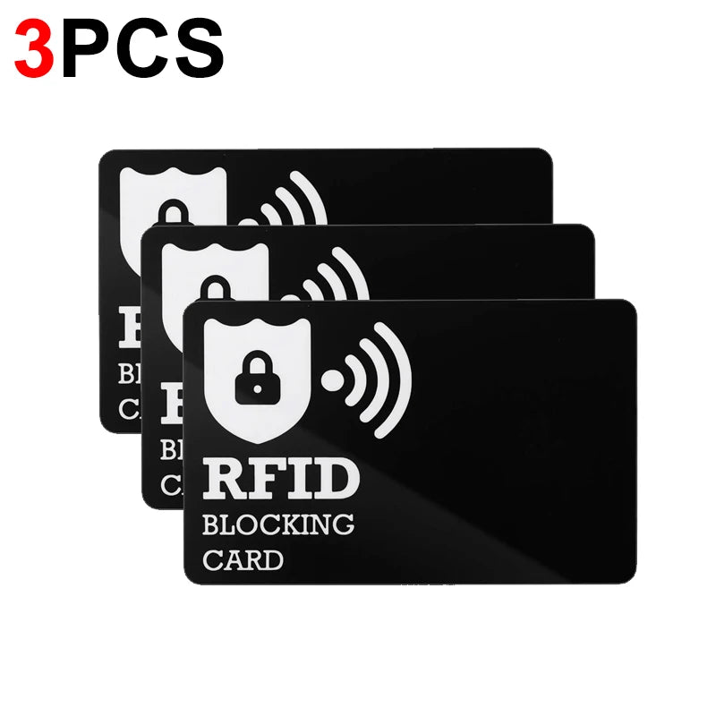 Three black RFID blocking cards with security shield and radio wave icons.
