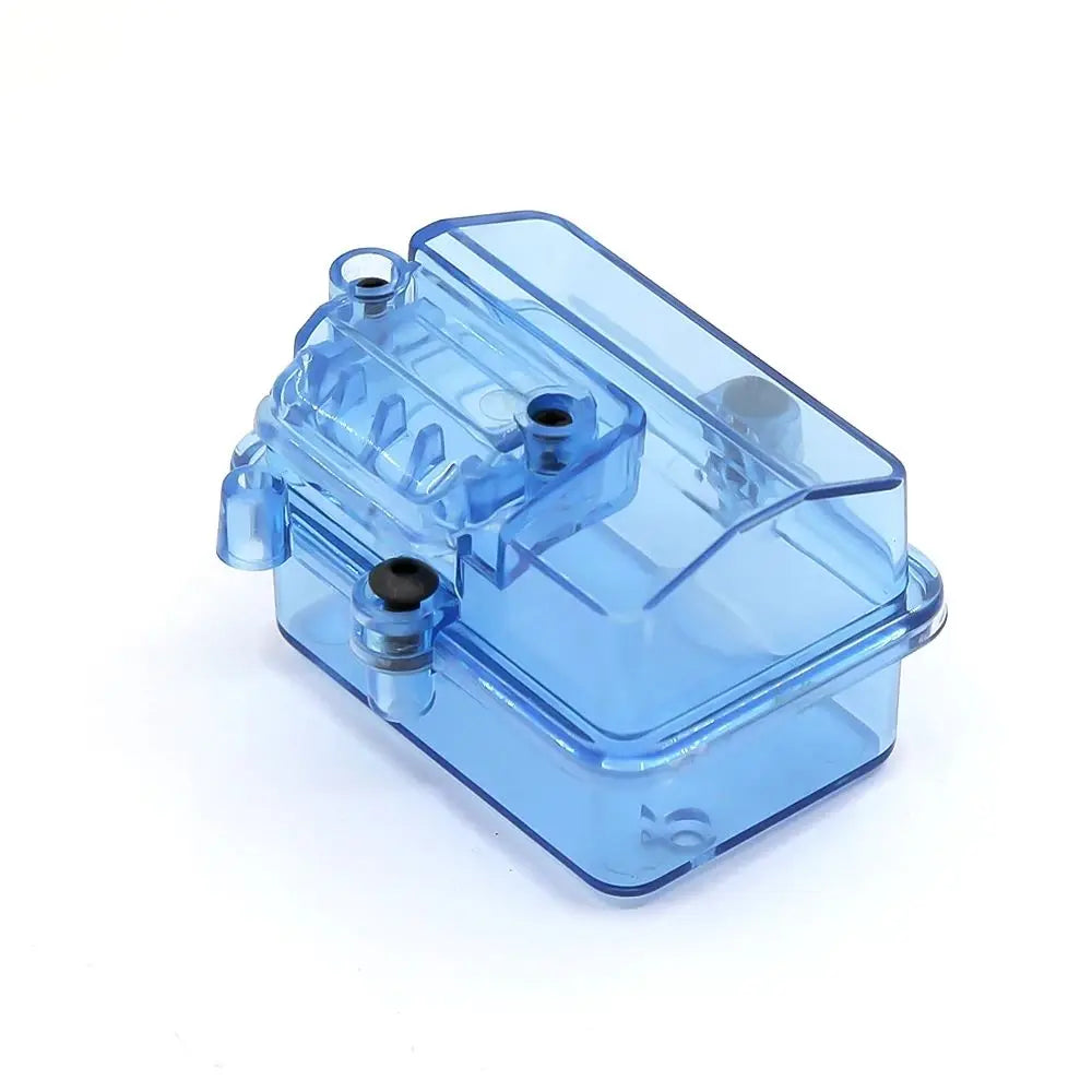A clear blue waterproof receiver protection box for RC cars.