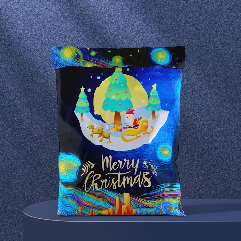 Sac d'envoi noir scellable avec un design de Noël festif : arbre vert et lune jaune.