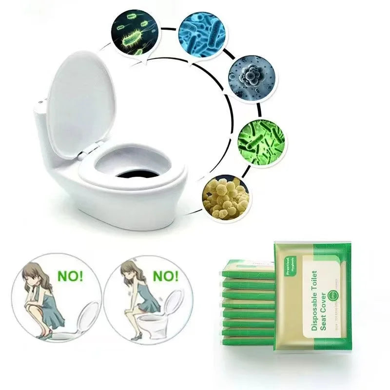 A diagram showing various types of toilet seat covers and a stack of disposable seat covers.