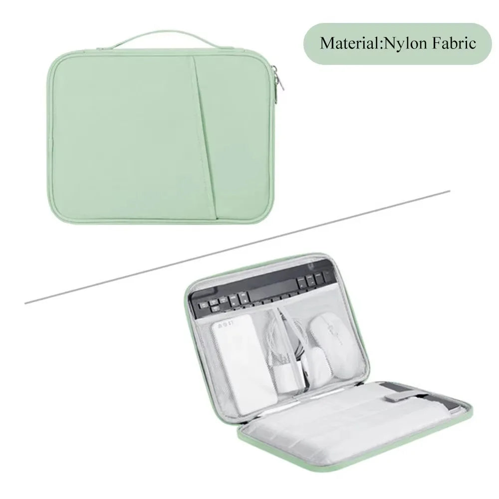 Funda protectora de nylon verde claro para tableta o portátil, mostrada cerrada y abierta mostrando varios accesorios.