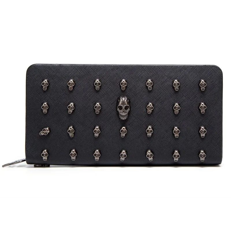 Black leather wallet with skull embellishments on the surface