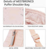 Details of a pink Westbronco puffer shoulder bag showing waterproof nylon material, tear-resistant lining, metal zipper, and 