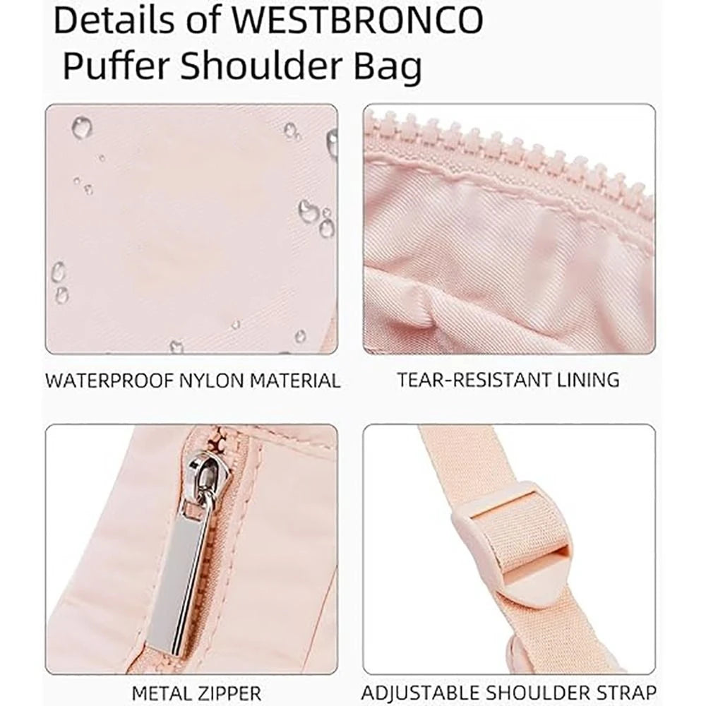 Details of a pink Westbronco puffer shoulder bag showing waterproof nylon material, tear-resistant lining, metal zipper, and 