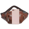 A brown PU leather waist pack with an adjustable strap and a pink smartphone inserted.