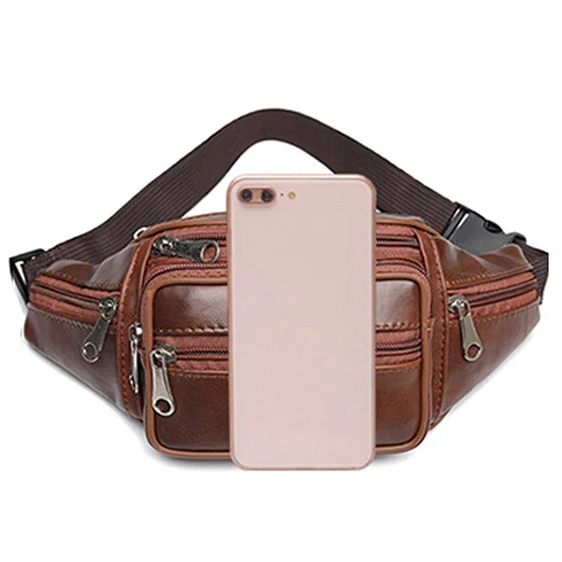 A brown PU leather waist pack with an adjustable strap and a pink smartphone inserted.