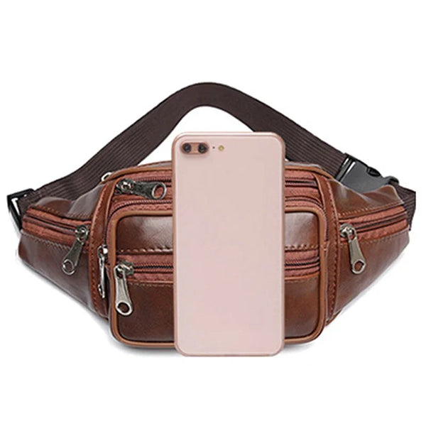 A brown PU leather waist pack with an adjustable strap and a pink smartphone inserted.