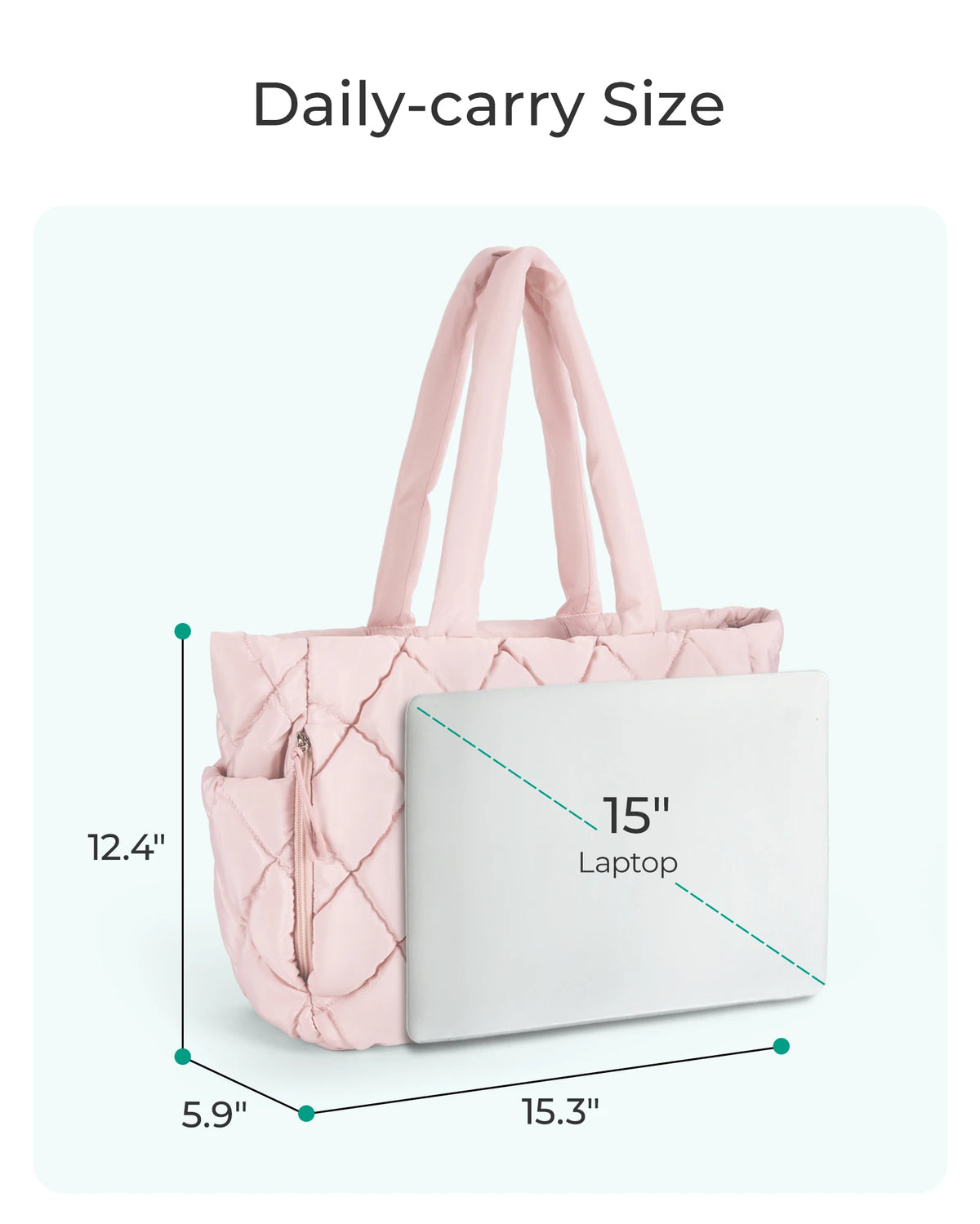 Pink quilted puffy tote bag with a laptop compartment shown in daily-carry size.