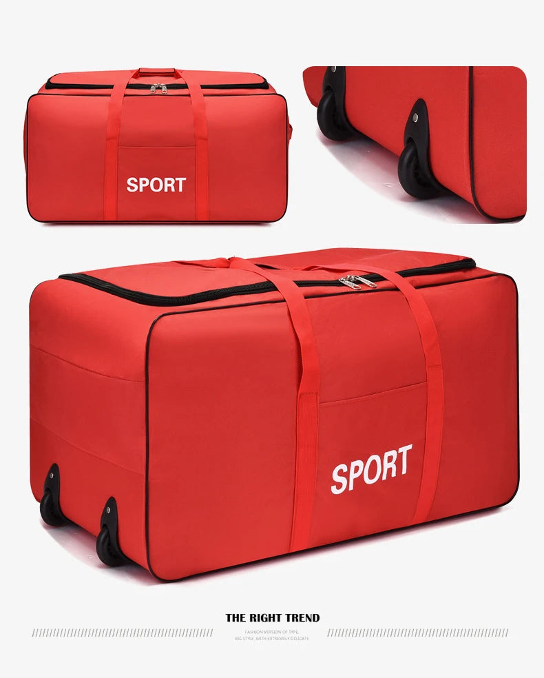 Rote robuste Sport-Reise-Duffeltasche in verschiedenen Ansichten.