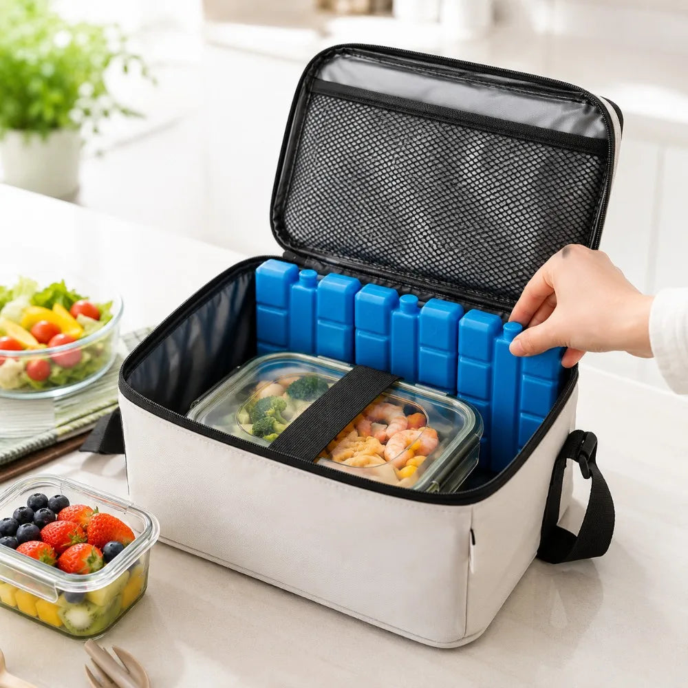 Une main ouvre un sac isotherme blanc contenant des blocs de glace bleue et un bac à glaçons transparent.