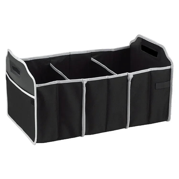 Black multi-pocket car trunk organizer with a foldable design and gray trim.