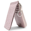 A light pink ladies zip coin purse with a silver chain key ring and floral embossed pattern.