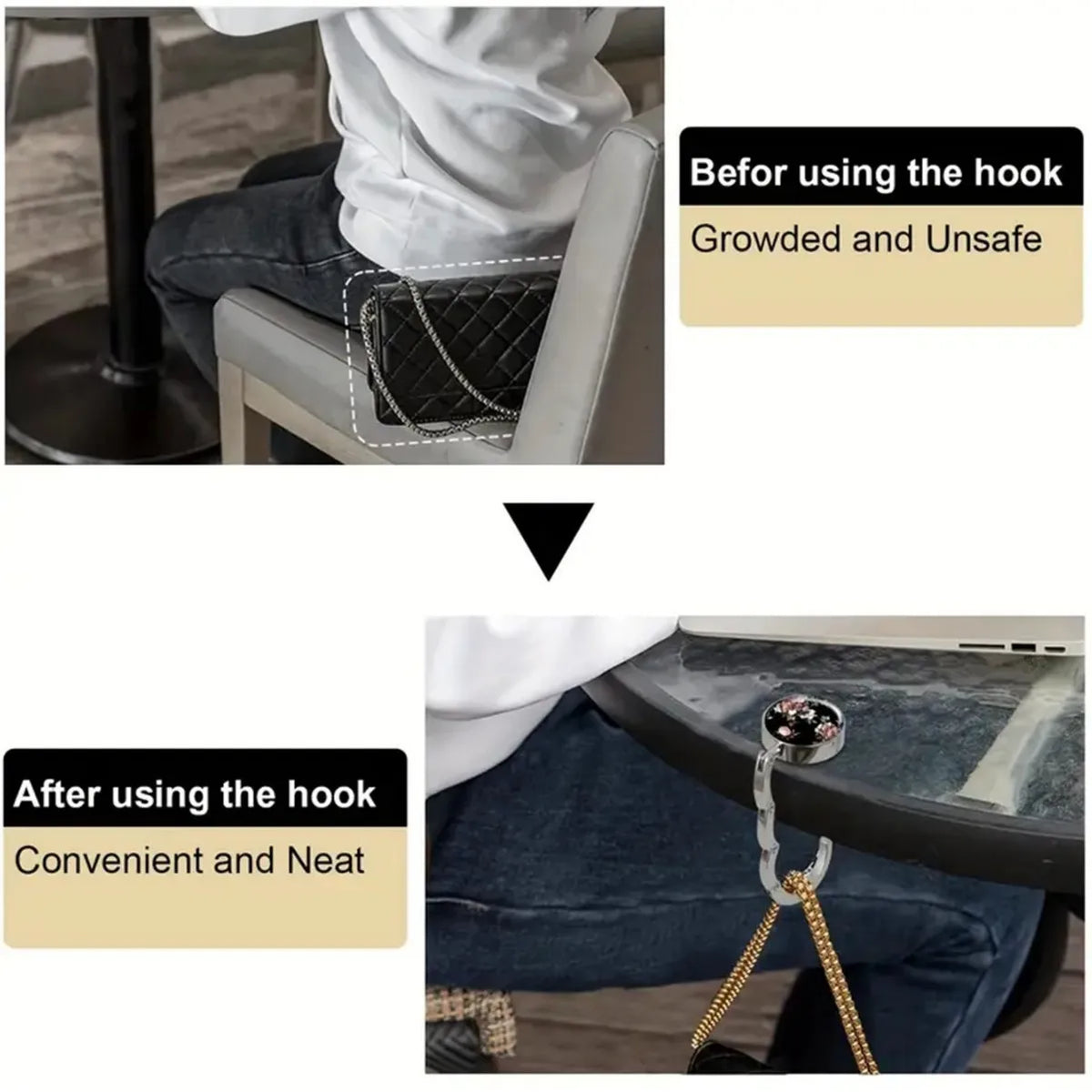 Before and after comparison of a multi-pattern zinc alloy bag hook used for hanging items.