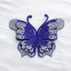 A vibrant royal blue butterfly made of sparkling rhinestones and sequins.