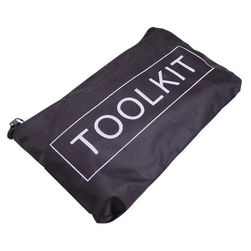 Black tool kit organizer bag with white text reading TOOLKIT