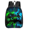 A black backpack featuring a vibrant green and blue digital art design of a video game controller.