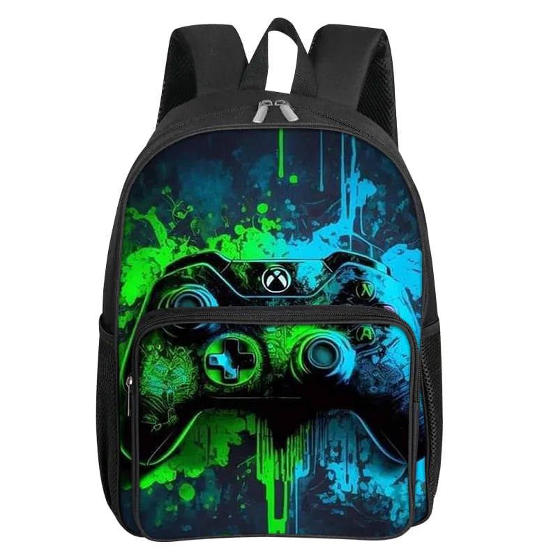 A black backpack featuring a vibrant green and blue digital art design of a video game controller.