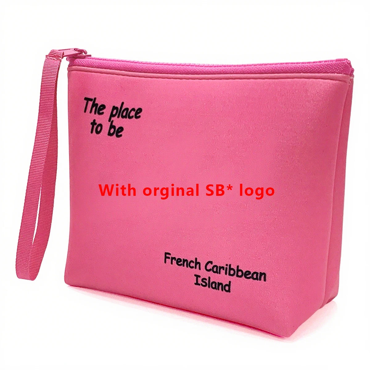 Bolsa cosmética de neopreno rosa con texto negro que dice 'The place to be' y el logo original de SB para viajar.