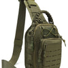 Olive green tactical sling bag with a padded strap and multiple pockets