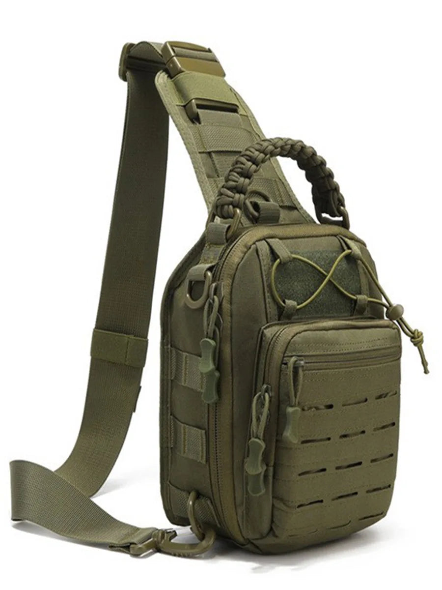 Olive green tactical sling bag with a padded strap and multiple pockets
