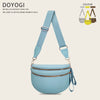 Light blue nylon crossbody bag with gold hardware shown against a neutral background.