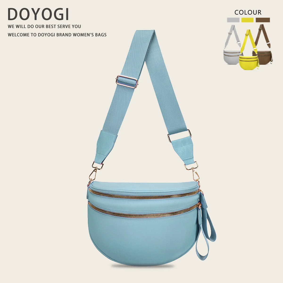 Light blue nylon crossbody bag with gold hardware shown against a neutral background.
