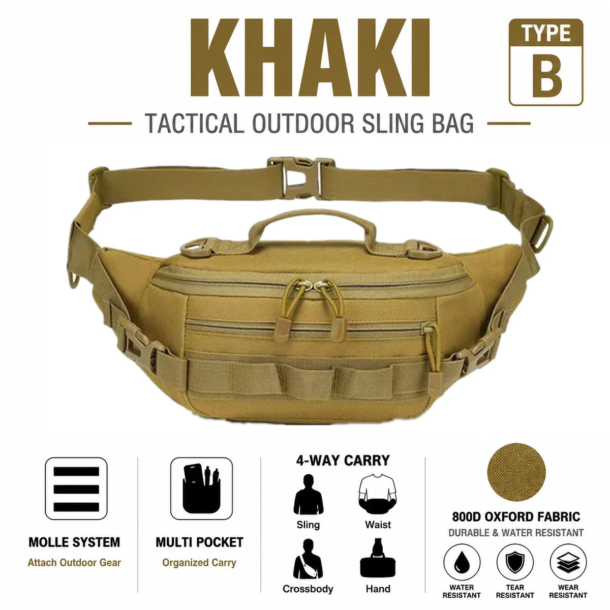 Khaki tactical outdoor sling bag with multiple pockets and various carrying options