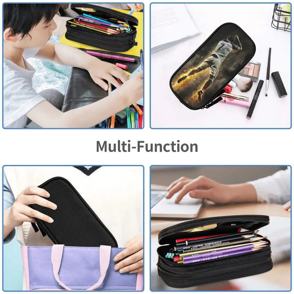 A multi-function leather pencil case shown in various colors and usage contexts for school and office supplies.