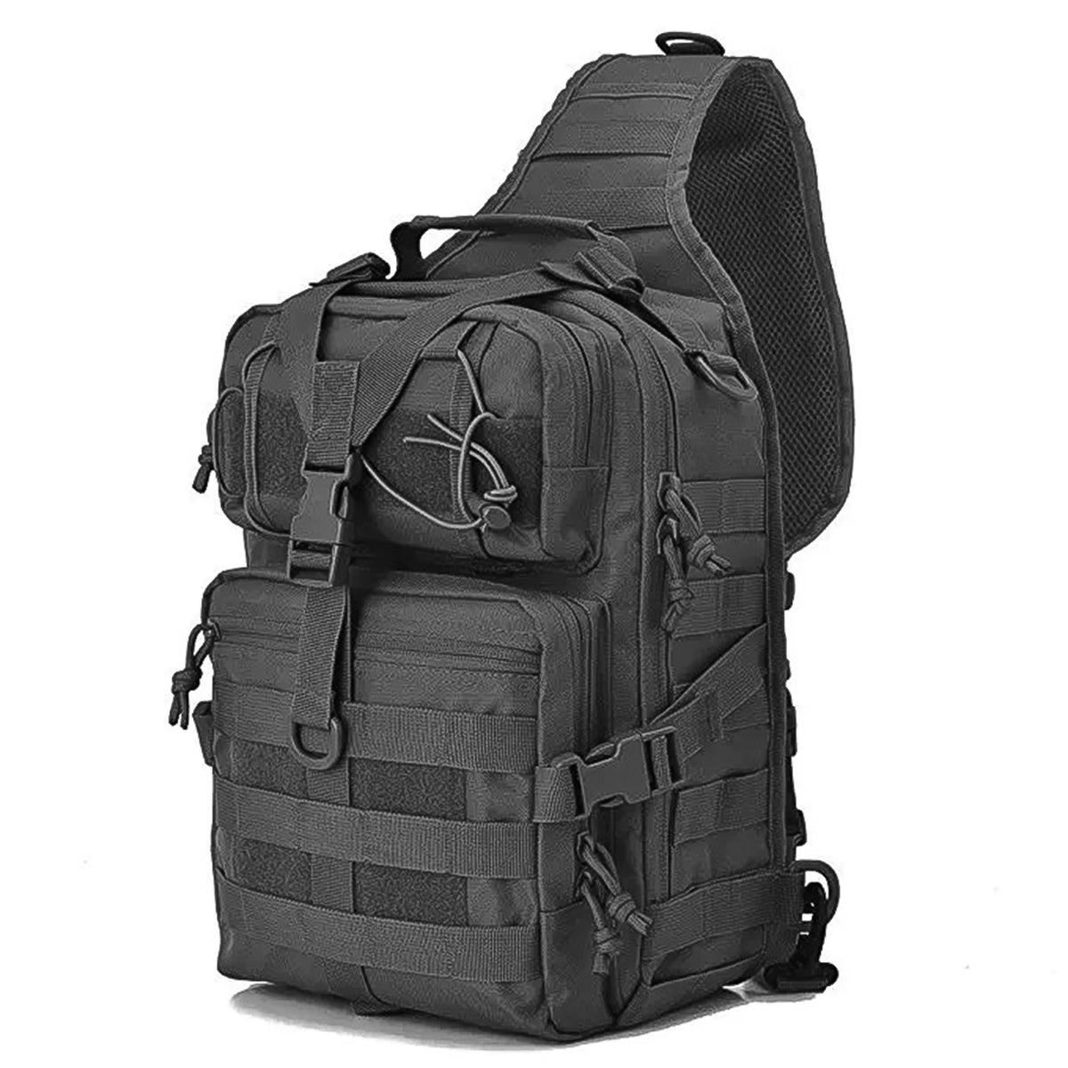 A black multi-compartment crossbody and chest bag with adjustable straps and webbing.