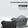 A black multi-layer zipper bag is shown with a strap, emphasizing comfortable carrying and style.