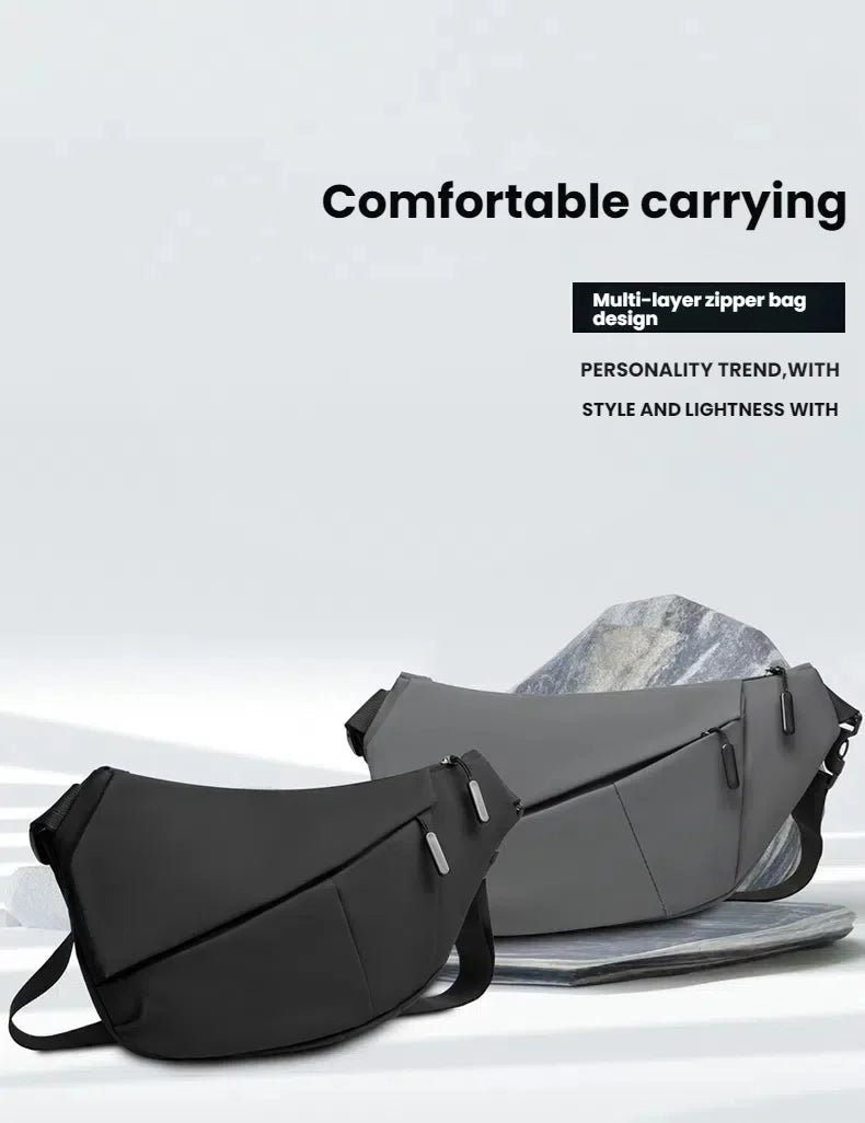 A black multi-layer zipper bag is shown with a strap, emphasizing comfortable carrying and style.