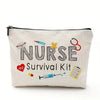 A beige zippered pouch labeled Nurse Survival Kit with a red heart and medical symbols.