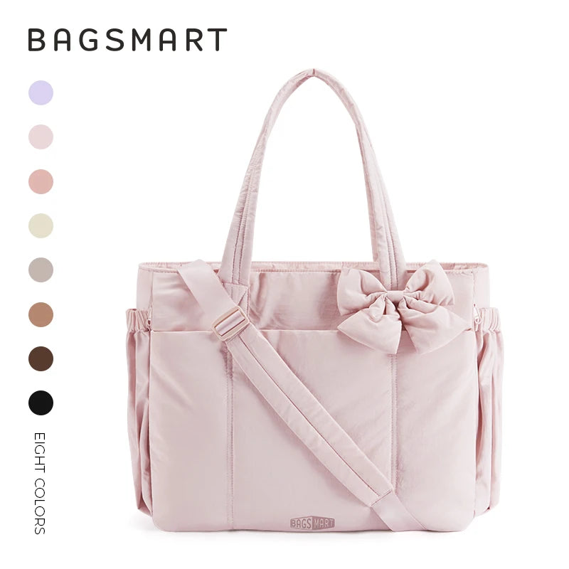 A light pink Bagsmart tote bag with a bow detail shown against a white background.