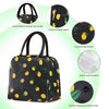 Sac à lunch en tissu oxford noir réutilisable avec motif, montrant poignée, fermeture éclair, poche et intérieur