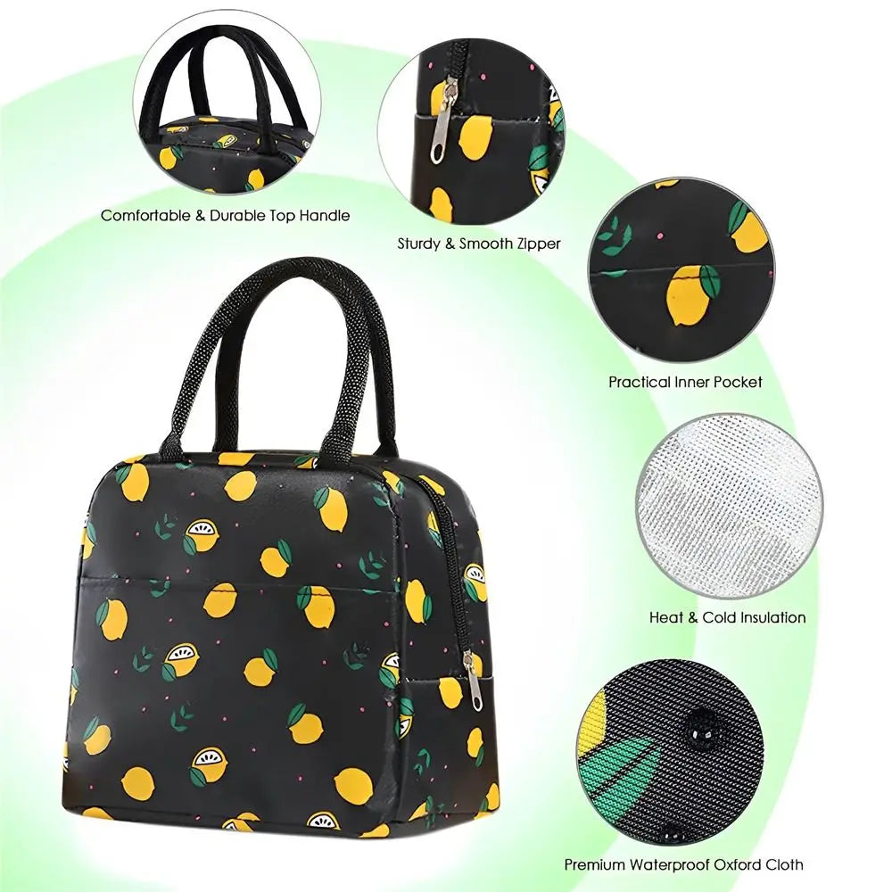 Sac à lunch en tissu oxford noir réutilisable avec motif, montrant poignée, fermeture éclair, poche et intérieur