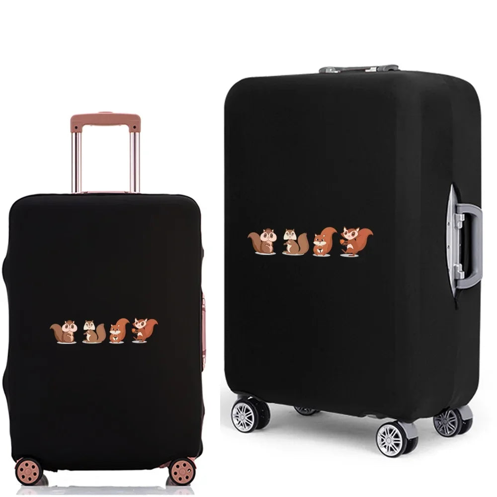 Black elastic luggage cover with a cartoon print of several small squirrels.