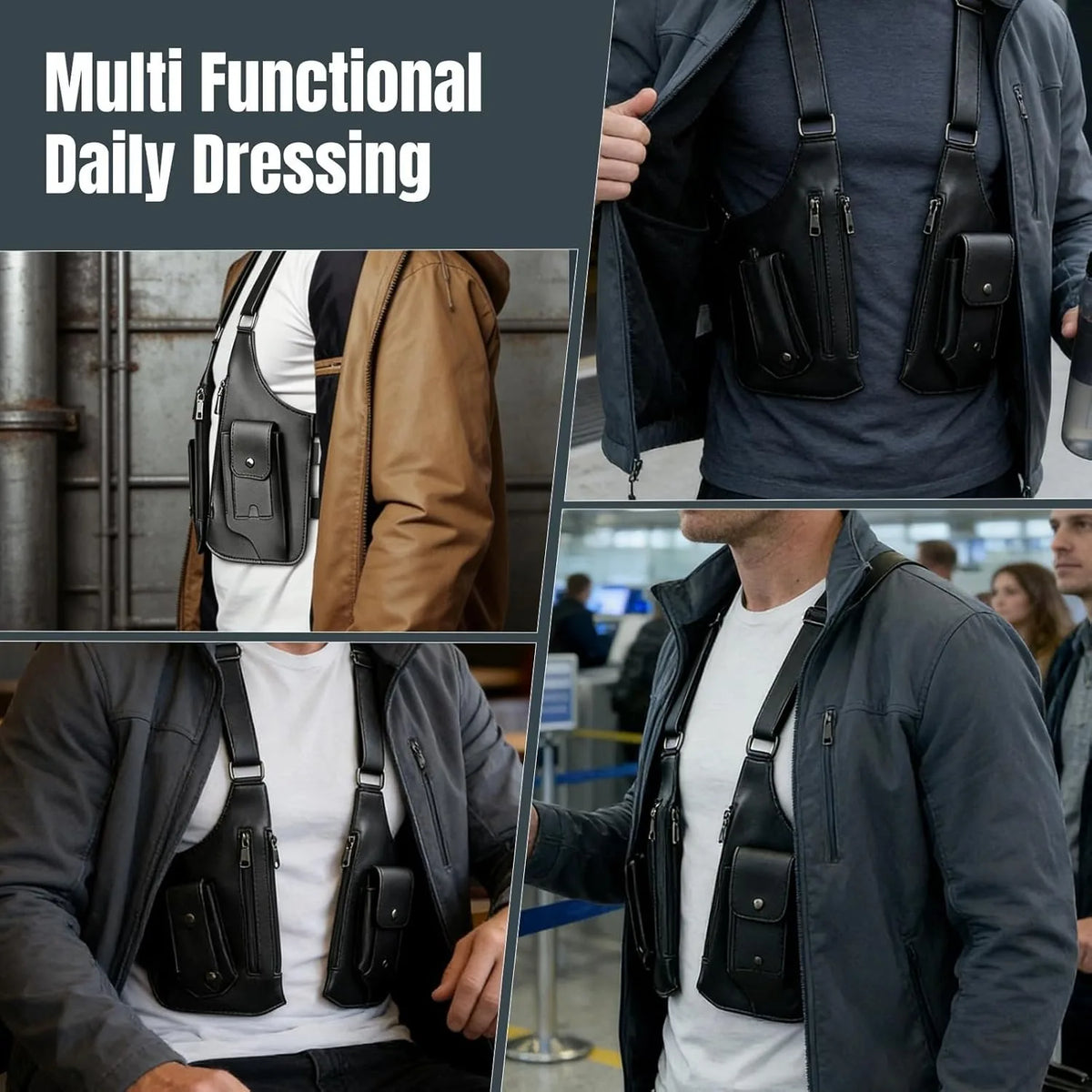 A multi-functional daily dressing featuring adjustable leather crossbody bags worn on a woman's jacket and shirt.