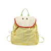 A yellow nylon messenger backpack with a light green strap and red trim.