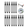 A set of black silicone cable ties and cord organizers shown in various forms.