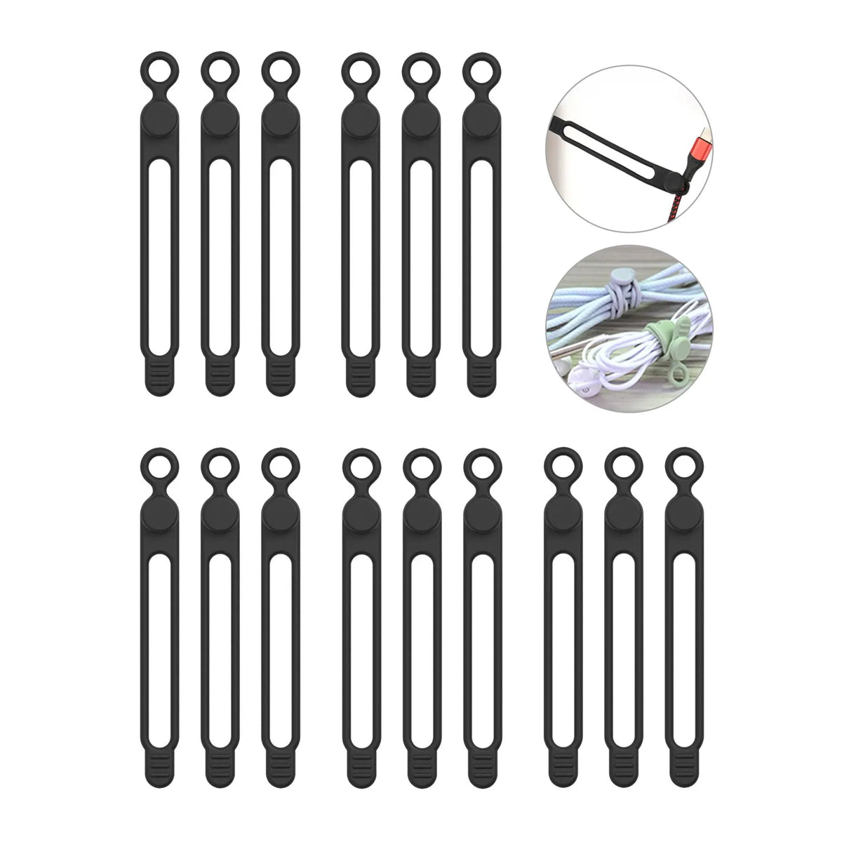 A set of black silicone cable ties and cord organizers shown in various forms.