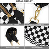 Detail display of a black and white checkered nylon fabric crossbody sling bag with gold hardware and adjustable strap.