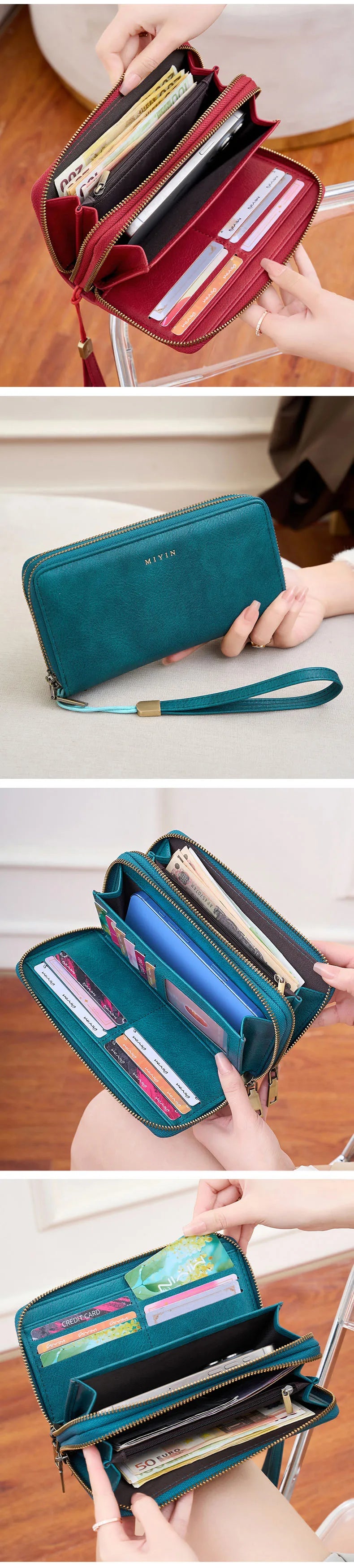 A teal vintage double-zipper wallet is shown open, displaying various cards and cash inside.