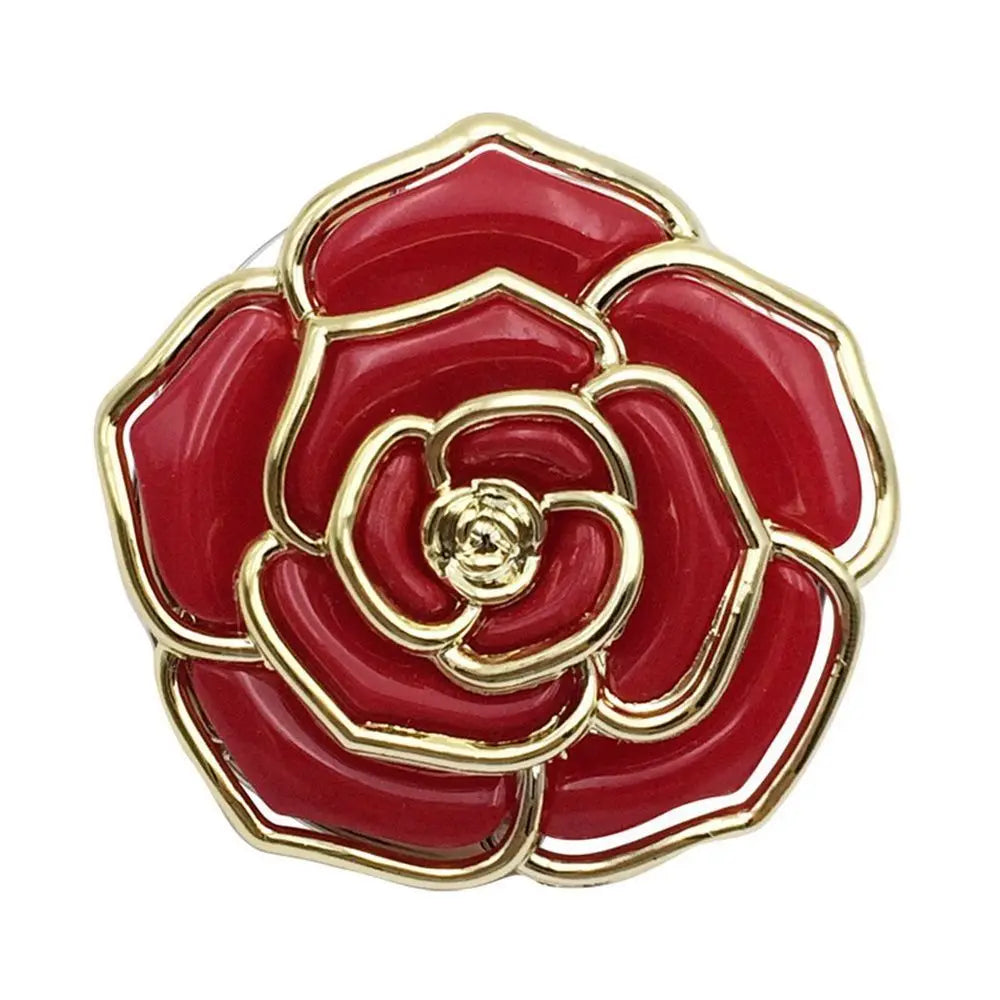 A vibrant red rose-shaped metal fold-over bag hook with a gold rim.