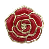 A red rose-shaped metal fold-over bag hook with gold trim.