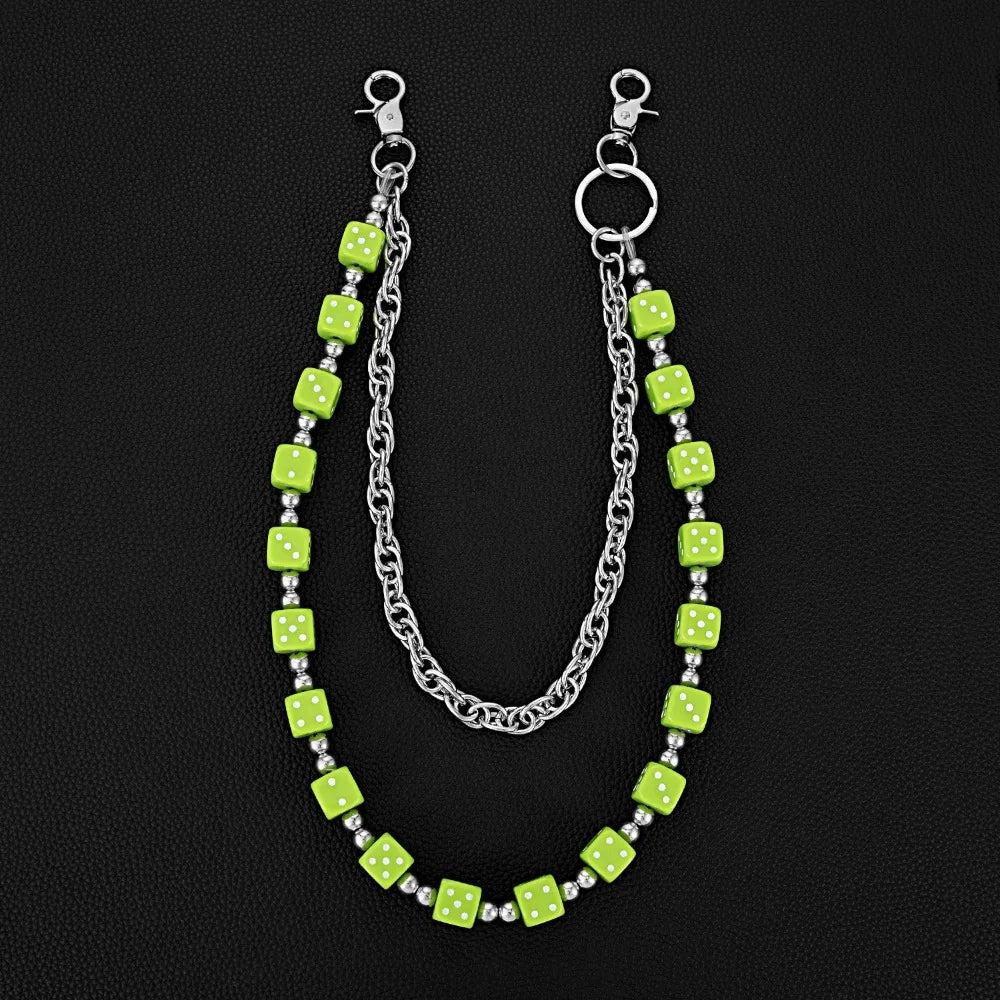 Silver chain necklace with lime green dice beads and jump rings for a punk accessory