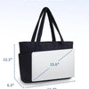 Dimensions diagram showing the size of a black quilted tote bag, including height, width, and depth.